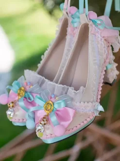 ROCOCO Style Lolita Footwear Light Sky Blue Color Block Bows Lace Ruffles Round Toe PU Leather Lolita Pumps
