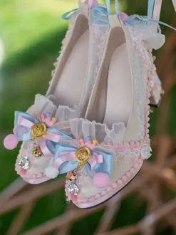 ROCOCO Style Lolita Footwear Light Sky Blue Color Block Bows Lace Ruffles Round Toe PU Leather Lolita Pumps