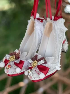 ROCOCO Style Lolita Footwear Light Sky Blue Color Block Bows Lace Ruffles Round Toe PU Leather Lolita Pumps