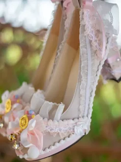 ROCOCO Style Lolita Footwear Light Sky Blue Color Block Bows Lace Ruffles Round Toe PU Leather Lolita Pumps