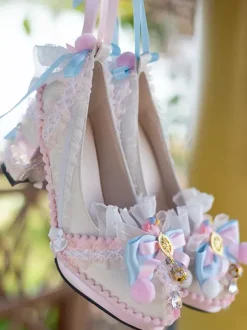 ROCOCO Style Lolita Footwear Light Sky Blue Color Block Bows Lace Ruffles Round Toe PU Leather Lolita Pumps