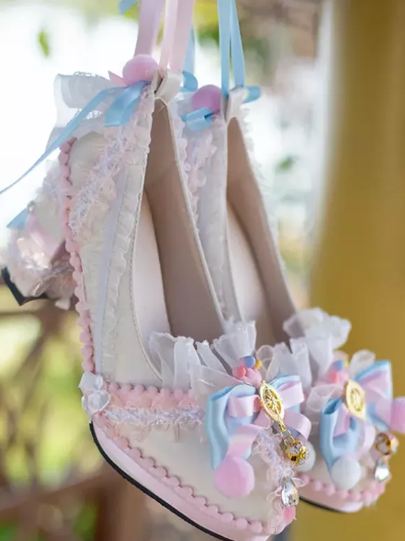 ROCOCO Style Lolita Footwear Light Sky Blue Color Block Bows Lace Ruffles Round Toe PU Leather Lolita Pumps