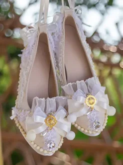 ROCOCO Style Lolita Footwear Light Sky Blue Color Block Bows Lace Ruffles Round Toe PU Leather Lolita Pumps