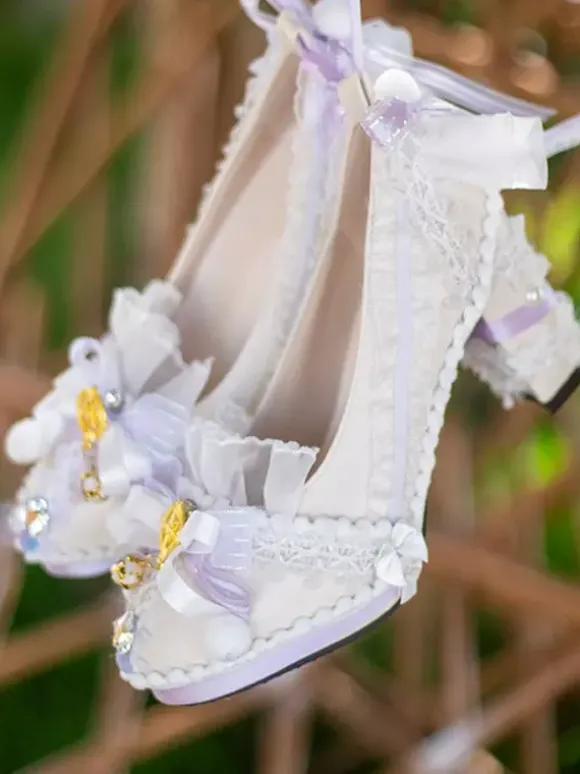 ROCOCO Style Lolita Footwear Light Sky Blue Color Block Bows Lace Ruffles Round Toe PU Leather Lolita Pumps