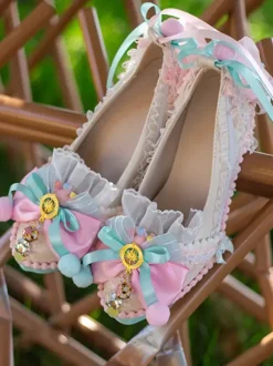ROCOCO Style Lolita Footwear Light Sky Blue Color Block Bows Lace Ruffles Round Toe PU Leather Lolita Pumps