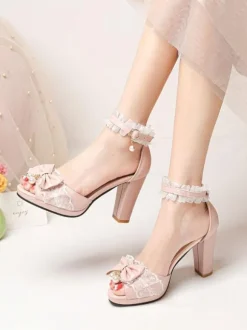 ROCOCO Style Lolita Sandals Pearls Lace Peep Toe PU Leather White Lolita Summer Shoes