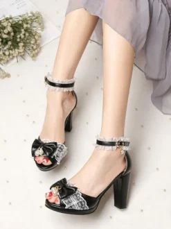 ROCOCO Style Lolita Sandals Pearls Lace Peep Toe PU Leather White Lolita Summer Shoes