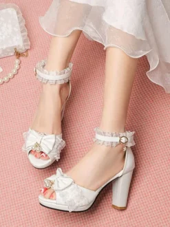 ROCOCO Style Lolita Sandals Pearls Lace Peep Toe PU Leather White Lolita Summer Shoes