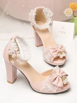 ROCOCO Style Lolita Sandals Pearls Lace Peep Toe PU Leather White Lolita Summer Shoes