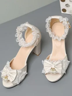 ROCOCO Style Lolita Sandals Pearls Lace Peep Toe PU Leather White Lolita Summer Shoes