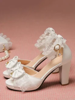 ROCOCO Style Lolita Sandals Pearls Lace Peep Toe PU Leather White Lolita Summer Shoes