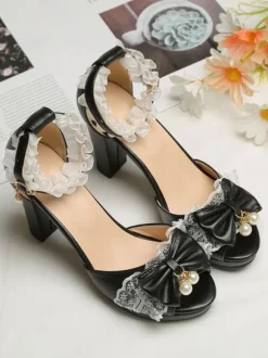 ROCOCO Style Lolita Sandals Pearls Lace Peep Toe PU Leather White Lolita Summer Shoes