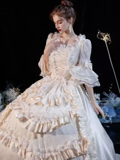 Rococo Victorian Costume Dress Layered Ruffles Lace Cotton Cosplay Costume Carnival