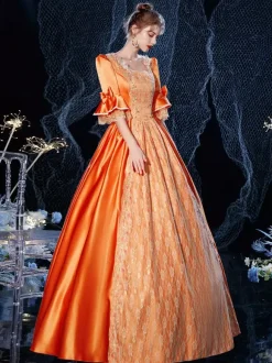 Rococo Victorian Costume Dress Orange Red Masquerade Lace Cotton Cosplay Costume Carnival