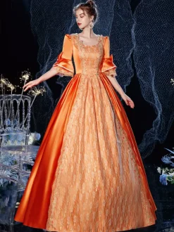 Rococo Victorian Costume Dress Orange Red Masquerade Lace Cotton Cosplay Costume Carnival