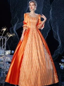 Rococo Victorian Costume Dress Orange Red Masquerade Lace Cotton Cosplay Costume Carnival