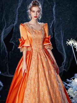 Rococo Victorian Costume Dress Orange Red Masquerade Lace Cotton Cosplay Costume Carnival