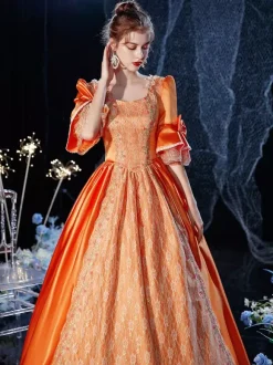 Rococo Victorian Costume Dress Orange Red Masquerade Lace Cotton Cosplay Costume Carnival