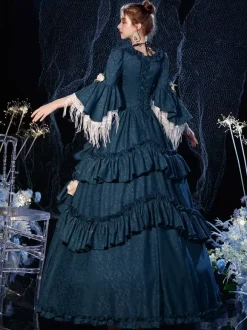 Rococo Victorian Retro Costume Dress Layered Floral Print Navy Blue Cosplay Costume Carnival