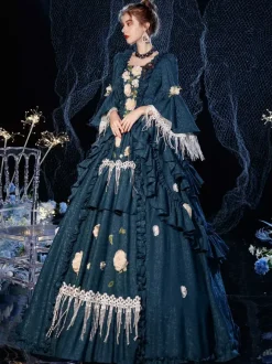 Rococo Victorian Retro Costume Dress Layered Floral Print Navy Blue Cosplay Costume Carnival