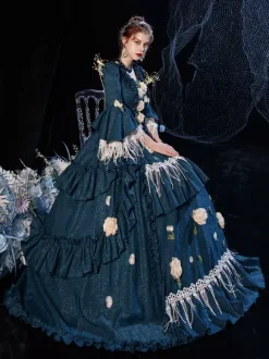 Rococo Victorian Retro Costume Dress Layered Floral Print Navy Blue Cosplay Costume Carnival