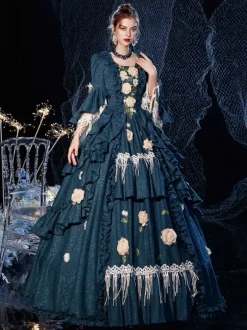 Rococo Victorian Retro Costume Dress Layered Floral Print Navy Blue Cosplay Costume Carnival
