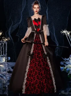 Rococo Victorian Retro Costume Dress Ruffles Floral Print Lace Cotton Cosplay Costume Carnival
