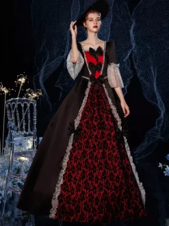 Rococo Victorian Retro Costume Dress Ruffles Floral Print Lace Cotton Cosplay Costume Carnival