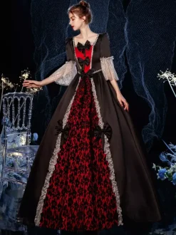 Rococo Victorian Retro Costume Dress Ruffles Floral Print Lace Cotton Cosplay Costume Carnival