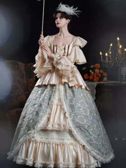 Rococo Women's Dress Vintage Color Block Ruffles Long Sleeve Color Block Ball Gown