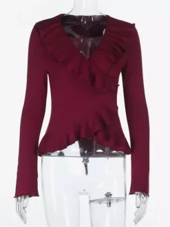Romantic Ruffle Women's Wrap Top - V Neck Long Sleeve - Coquette Aesthetic Spring Date Night Wear 2026