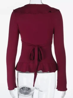 Romantic Ruffle Women's Wrap Top - V Neck Long Sleeve - Coquette Aesthetic Spring Date Night Wear 2026