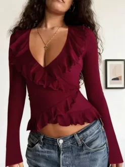 Romantic Ruffle Women's Wrap Top - V Neck Long Sleeve - Coquette Aesthetic Spring Date Night Wear 2026