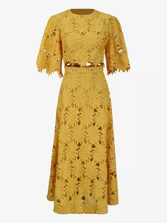 Romantic Yellow Cutout Flower Two Piece Gown For Parties