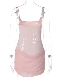 Rose Detail Sequin Square Neck Bodycon Mini Party Dress For Women 2026