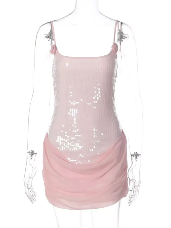 Rose Detail Sequin Square Neck Bodycon Mini Party Dress For Women 2026