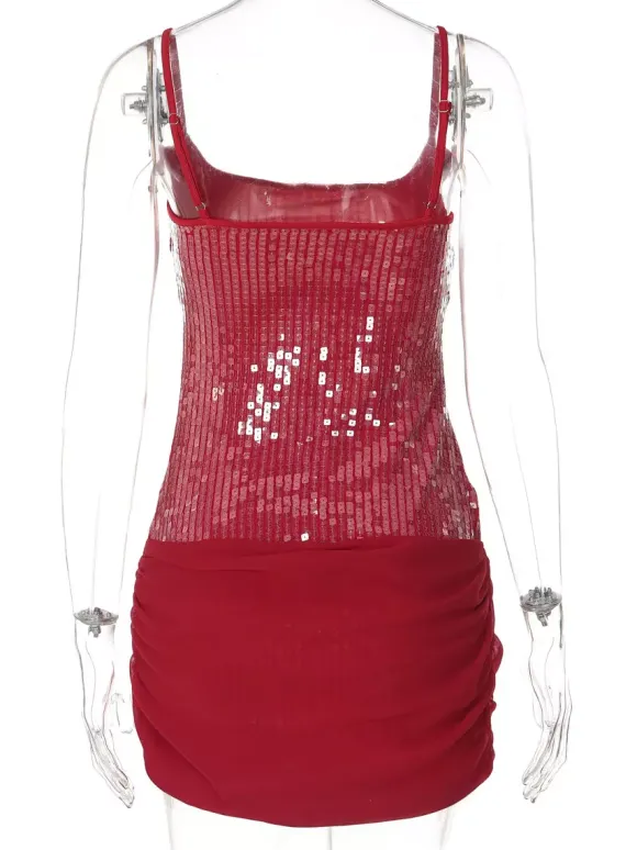 Rose Detail Sequin Square Neck Bodycon Mini Party Dress For Women 2026