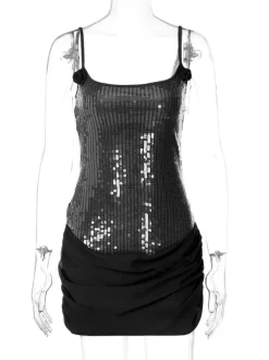 Rose Detail Sequin Square Neck Bodycon Mini Party Dress For Women 2026