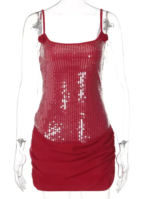 Rose Detail Sequin Square Neck Bodycon Mini Party Dress For Women 2026