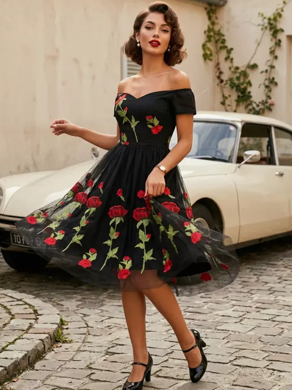 Rose Embroidered Vintage Midi Swing Dress for Women - 1950s Off Shoulder Style A-Line - Summer Tea Party 2026