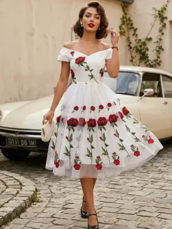 Rose Embroidered Vintage Midi Swing Dress for Women - 1950s Off Shoulder Style A-Line - Summer Tea Party 2026
