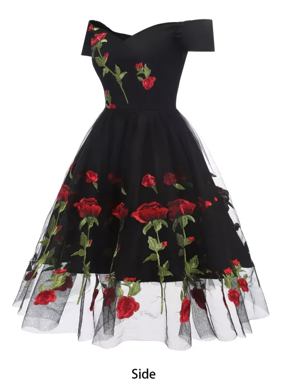 Rose Embroidered Vintage Midi Swing Dress for Women - 1950s Off Shoulder Style A-Line - Summer Tea Party 2026