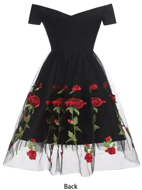 Rose Embroidered Vintage Midi Swing Dress for Women - 1950s Off Shoulder Style A-Line - Summer Tea Party 2026