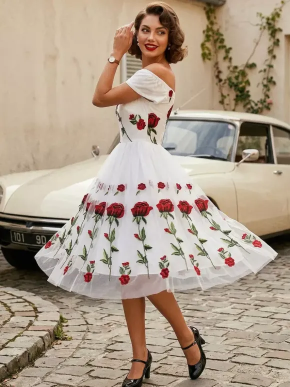 Rose Embroidered Vintage Midi Swing Dress for Women - 1950s Off Shoulder Style A-Line - Summer Tea Party 2026