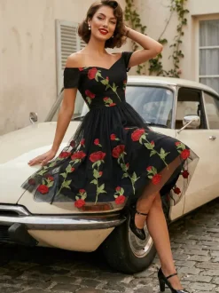 Rose Embroidered Vintage Midi Swing Dress for Women - 1950s Off Shoulder Style A-Line - Summer Tea Party 2026