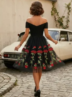 Rose Embroidered Vintage Midi Swing Dress for Women - 1950s Off Shoulder Style A-Line - Summer Tea Party 2026