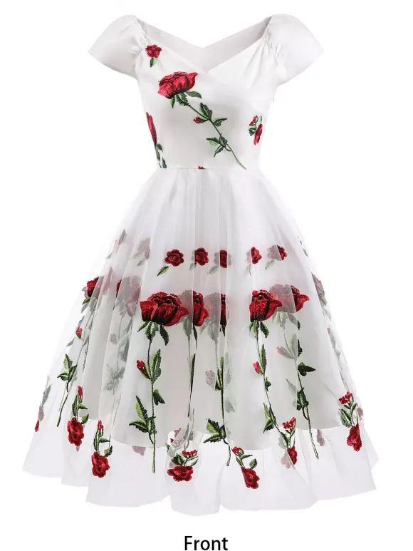 Rose Embroidered Vintage Midi Swing Dress for Women - 1950s Off Shoulder Style A-Line - Summer Tea Party 2026
