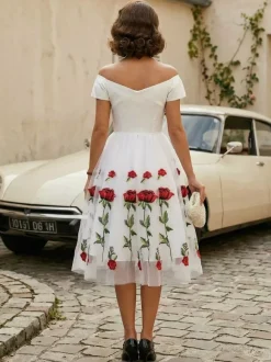 Rose Embroidered Vintage Midi Swing Dress for Women - 1950s Off Shoulder Style A-Line - Summer Tea Party 2026