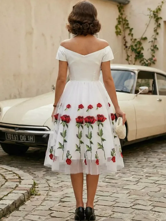 Rose Embroidered Vintage Midi Swing Dress for Women - 1950s Off Shoulder Style A-Line - Summer Tea Party 2026
