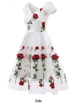 Rose Embroidered Vintage Midi Swing Dress for Women - 1950s Off Shoulder Style A-Line - Summer Tea Party 2026